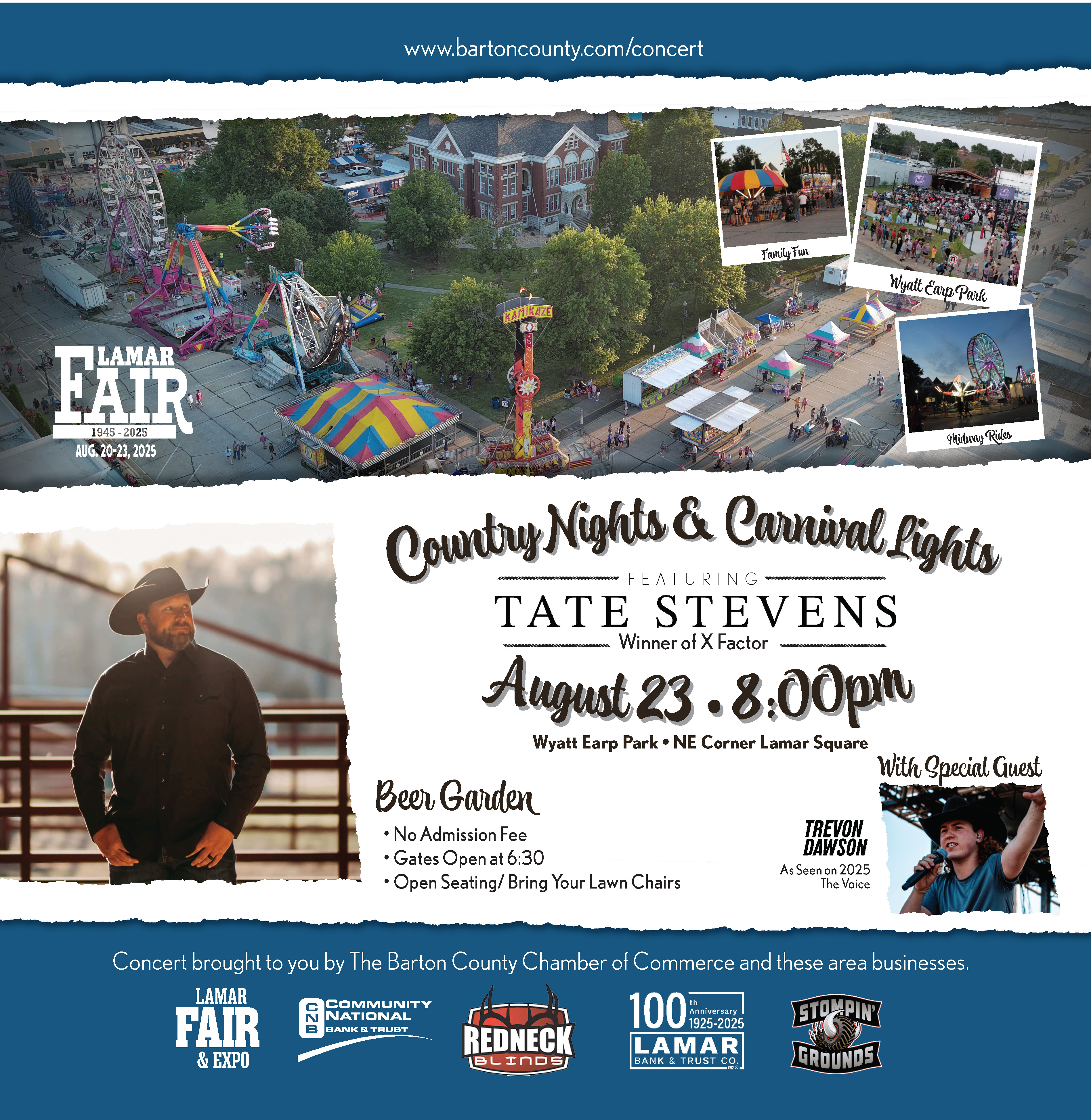Tate Stevens - Trevon Dawson - Lamar Fair - August 23 - 6:30pm concert starts 8:00pm -- Wyatt Earp Park