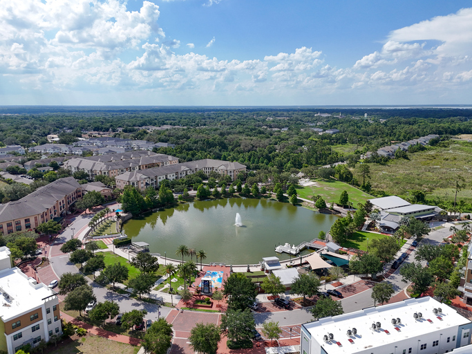 Apartments and homes surrounding Center Lake Park at downtown Oviedo in Seminole County, Florida.