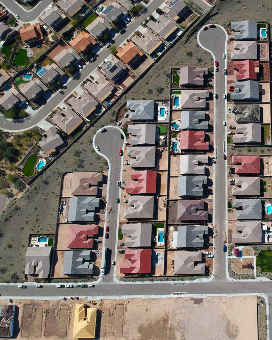 This symmetrical cul-da-sac photo is rare to the eye. It'll be exciting to see what changes come when more development happens. Drone shots are amazing, and capture unique pictures from the sky.