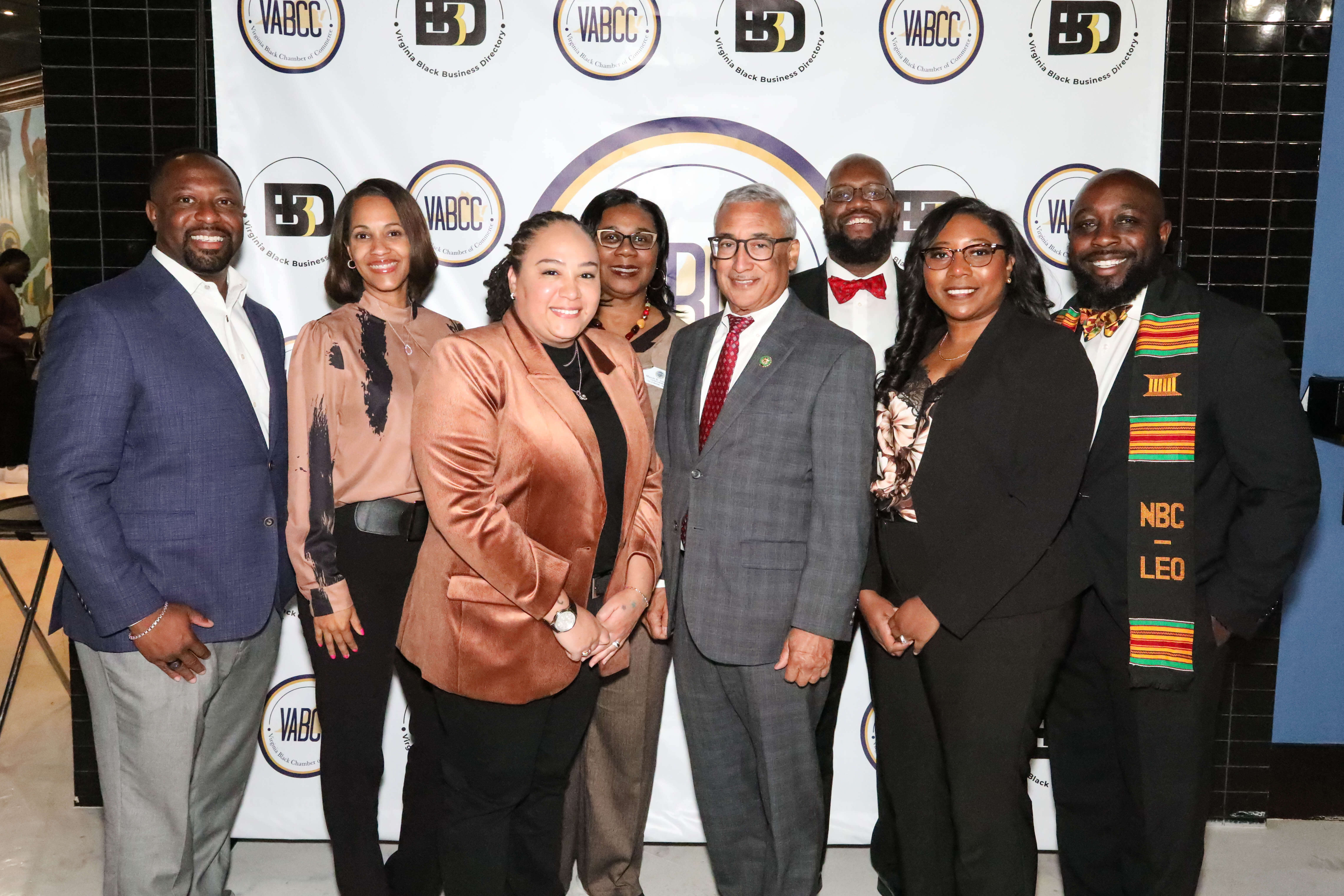 In this Photo Left to Right: Christopher B. Jones, a Councilman of Harrisonburg, Tiffany Boyle, Commissioner of Revenue in Newport News, Tracey J. Hall the Executive Vice President of the Virginia Black Chamber of Commerce, Mamie B. Johnson, a City Councilwoman of Norfolk, Congressman Bobby Scott, John T. Chapman, a City Councilman of Alexandria, Ernisha M. Hall the President & CEO of the Virginia Black Chamber of Commerce, and Derrick R. Wood, Mayor of Dumfries.