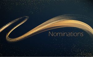 black background, gold swoosh with the word Nominations