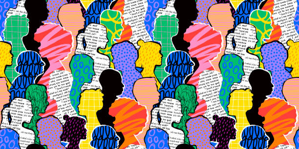 multiple faces Colorful diverse people crowd abstract art seamless pattern. Multi-ethnic community, big cultural diversity group background illustration in modern collage painting style.