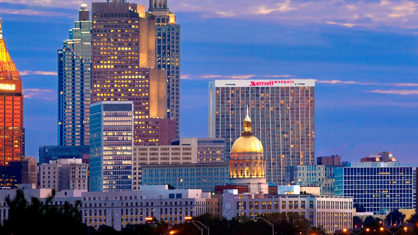 atlmq-exterior-0154-hor-wide Downtown Atlanta at night with Capitol building and Marriott Marquis