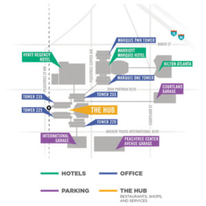 Map of Atlanta's sky-walk system connecting hotels to The Hub. Image from www.peachtreecenter.com