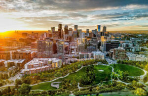 Denver skyline from a drone perspective at sunrise