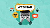 Webinar Webinar concept with laptop and communication icons on turquoise background in collage style