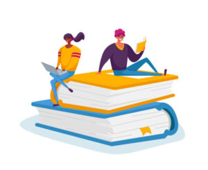 Student Prep Tiny Male and Female Characters Reading and Working on Laptop Sitting on Huge Books Pile. Students Spend Time in Library or Prepare for Grammar Test Examination. Cartoon People Vector Illustration