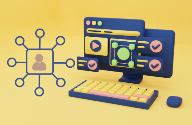 Illustration of a computer monitor and keyboard displaying colorful interface elements, alongside a network icon symbolizing user connectivity, representing admission portal configuration.