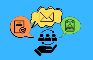 Graphic showing communication and enrollment process. Includes icons of a document with a checkmark, an envelope, an enrollment badge, and a hand supporting three people with arrows indicating connection