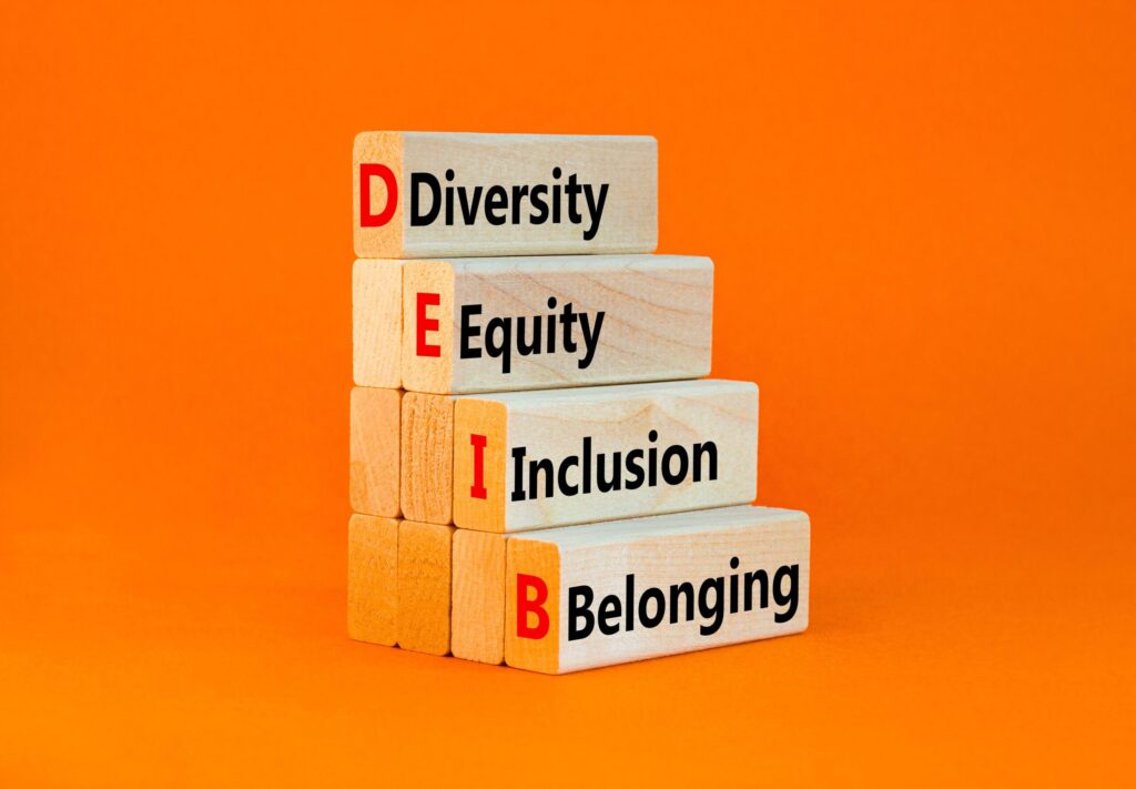 DEIB, Diversity, equity, inclusion, belonging symbol. Wooden blocks with words DEI, diversity, equity, inclusion on beautiful orange background. Business, DEI, diversity, equity, inclusion concept.