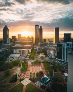 Drone over Centennial Olympic Park facing East toward Westin Peachtree Plaza