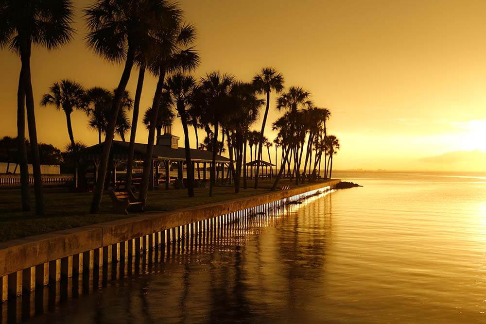 gazebo surrounded by palm-trees water during sunset