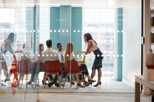 lady standing in front of colleagues in a conference room