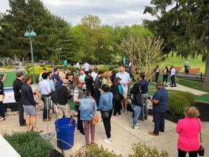 people outside talking