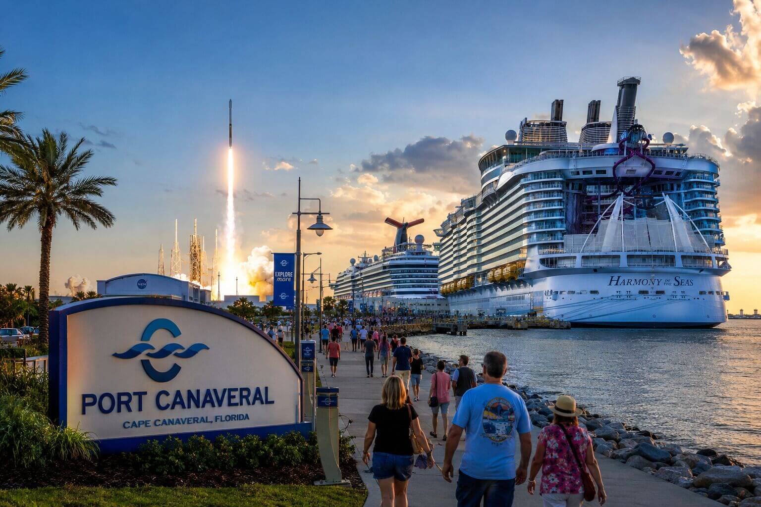 Cruise Ships and Rockets Image of Port Canaveral, tourists, cruise ships and Rockets in the background