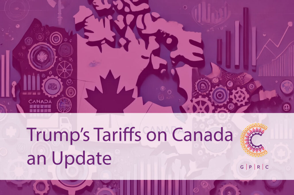 An illustration of the economic effects of tariffs on Canada, featuring a stylized map of Canada with highlighted icons representing key industries such as automotive, agriculture, and energy. The border between Canada and the U.S. is depicted as a symbolic trade barrier with abstract elements like gears, charts, and graphs, emphasizing the economic theme. The image uses a neutral and corporate color palette of blue, grey, and white.