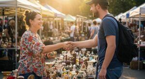 happy-woman-shaking-hands-with-man-at-outdoor-flea-market-photo