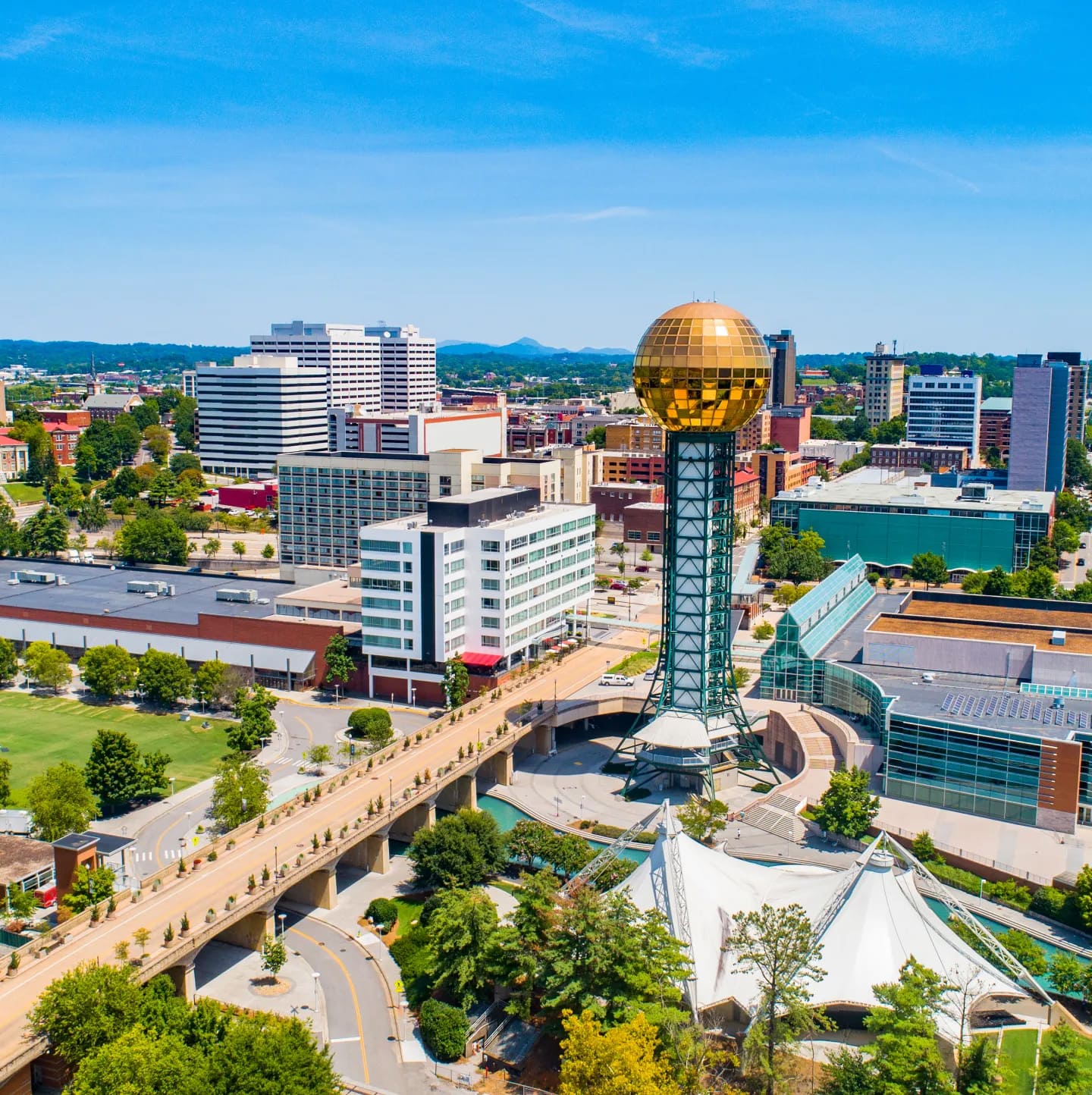 Knoxville’s skyline, Sunsphere, and bridges along the Tennessee River