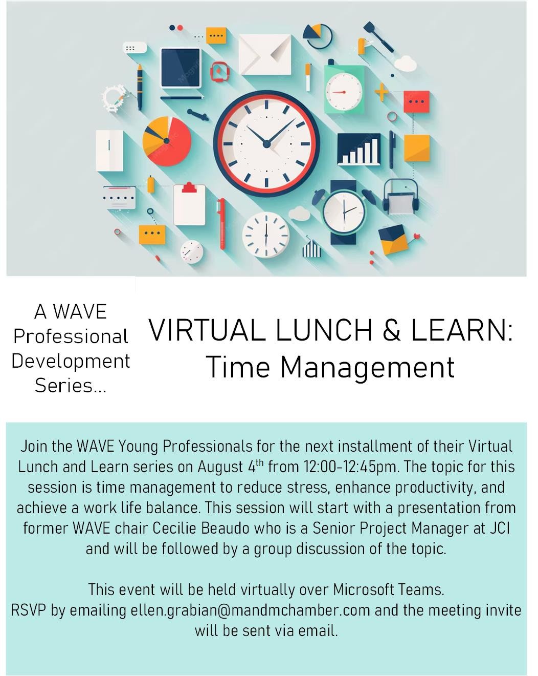 VLL Time Management Flyer - August Get Registered by Emailing Ellen Grabian at ellen.grabian@mandmchamber.com