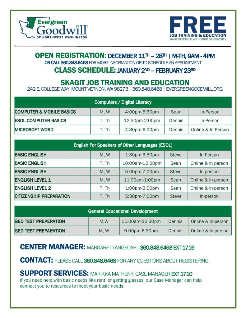 Open Registration for FREE classes at Evergreen Goodwill Seats still