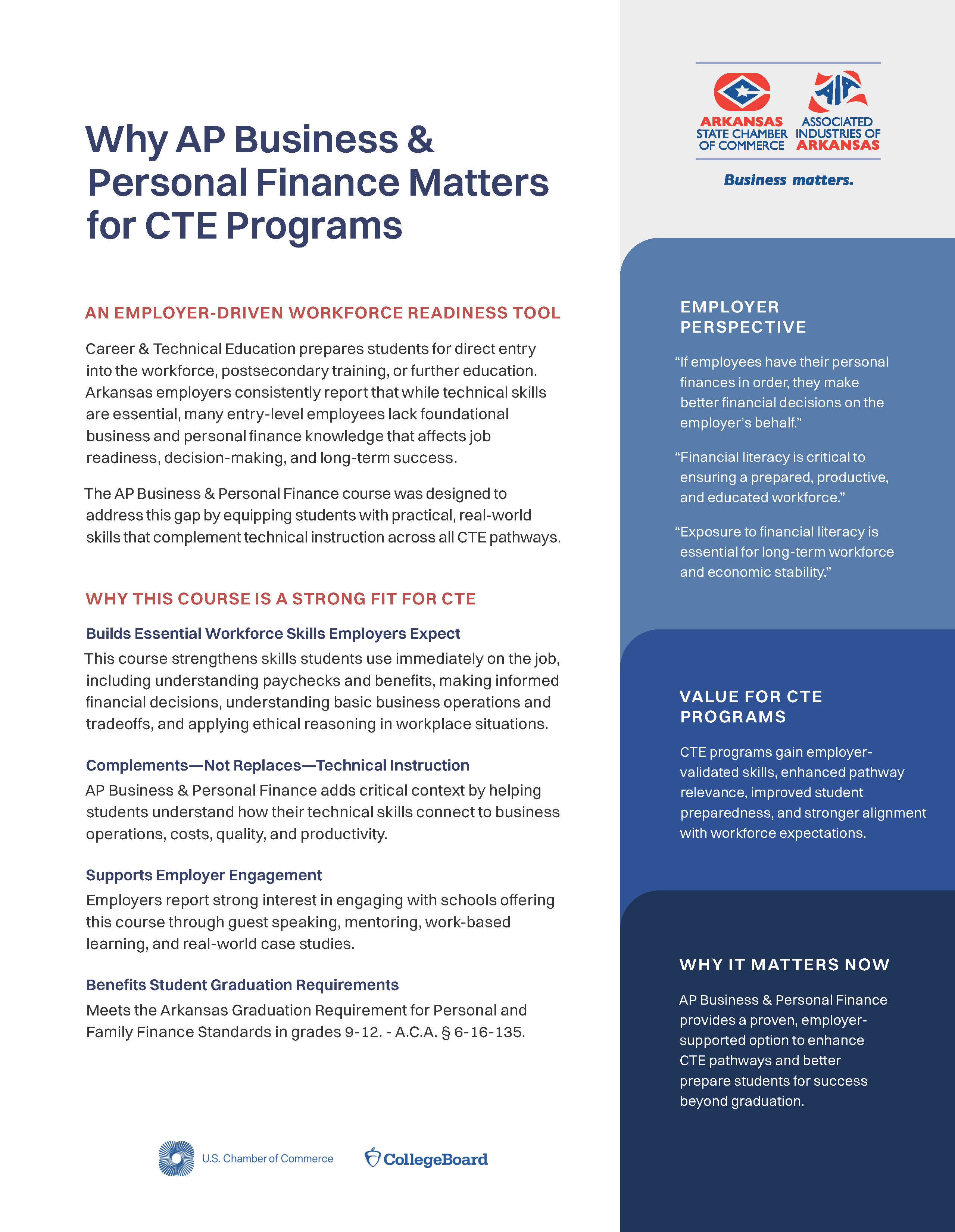 AP Business and Personal Finance for CTE Programs One Pager