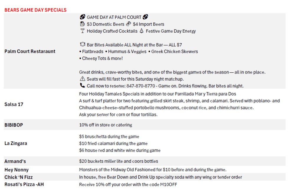 Bears Game Specials