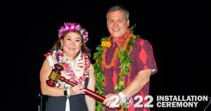 2021 GCA President Emmett Kinney (left) hand over the gavel to 2022 President Dale Sakamoto Yoneda