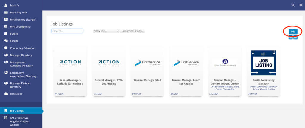 screenshot of the job listings page in the CAI-GLAC member InfoHub, with the Add button circled in red