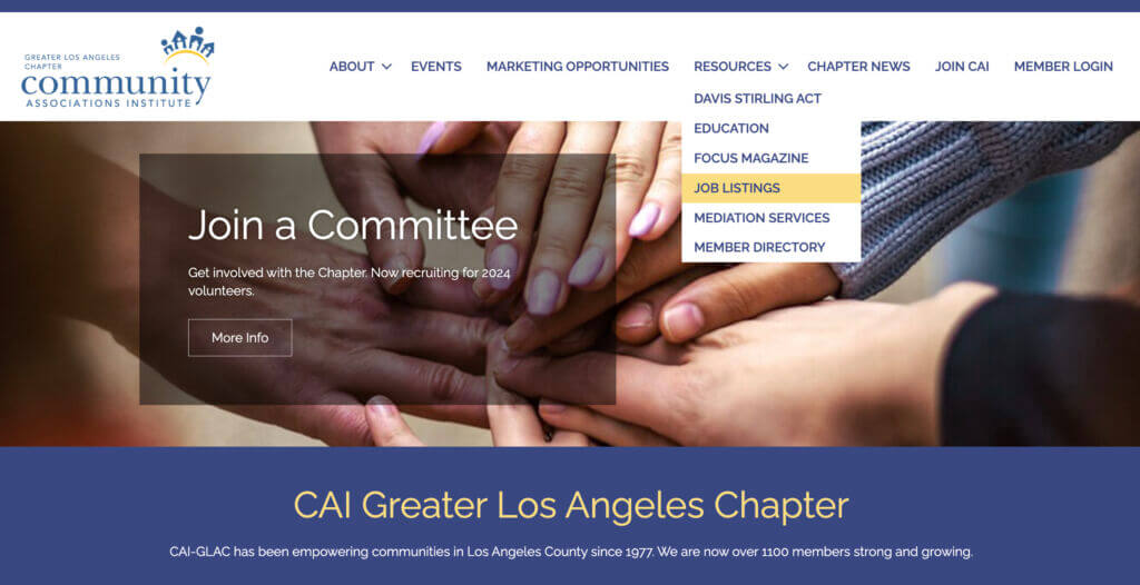 A screenshot of the CAI-GLAC home page with the Job Listings menu item highlighted.