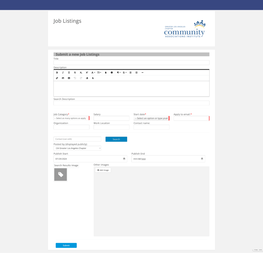 screenshot of the job listings form