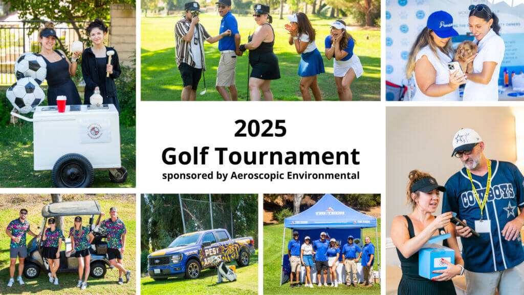 2025 golf tournament sponsored by Aeroscopic Environmental and a collage of seven photos of people at a golf tournament