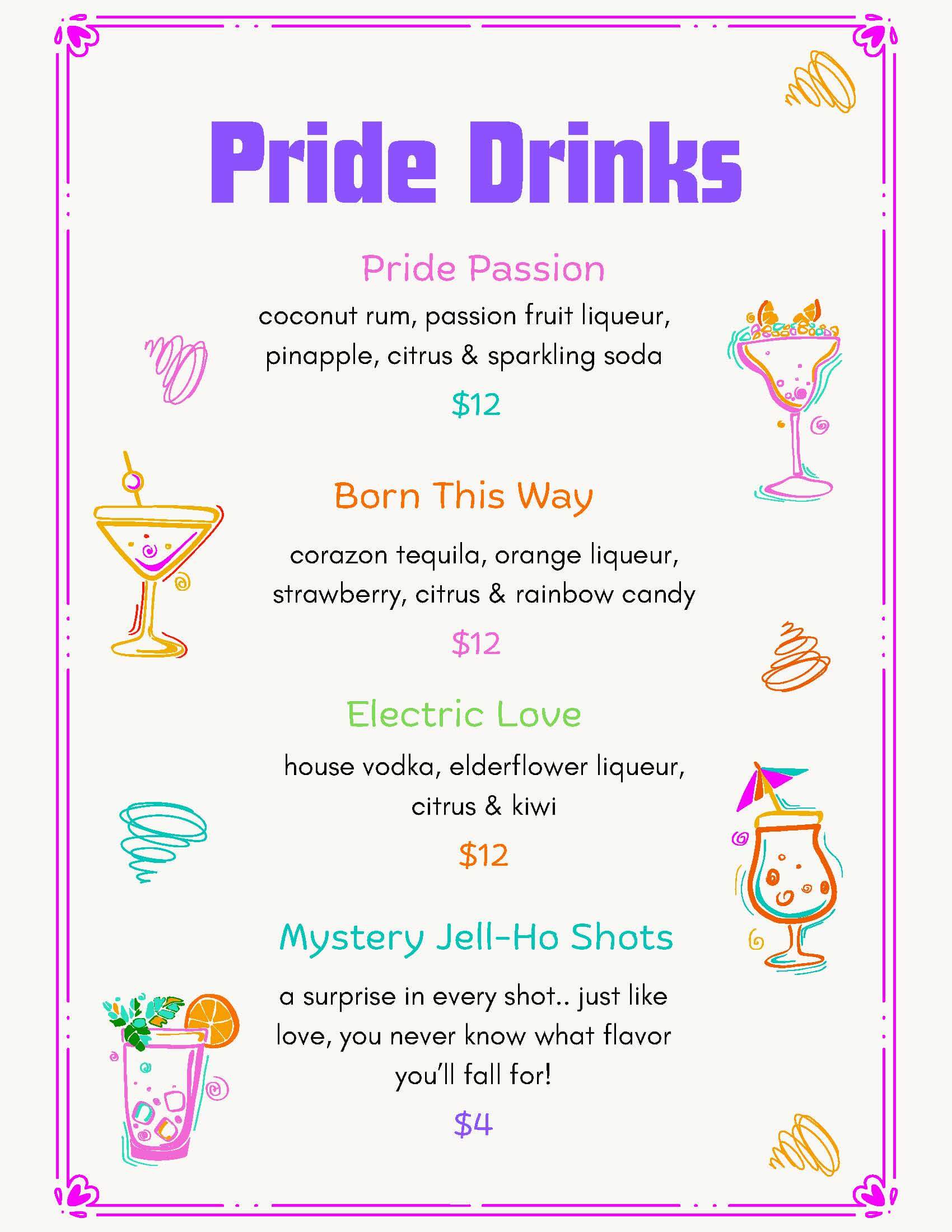Lavergne's Tavern Pride Menu: Pride Passion, Born This Way, Electric Love, Jell-Ho Shots