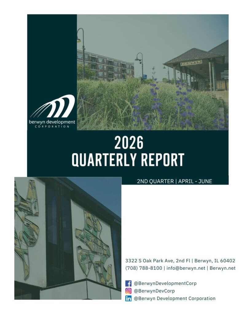 Cover of the report with the Title and images of Berwyn's Depot train station and ByLine Bank building
