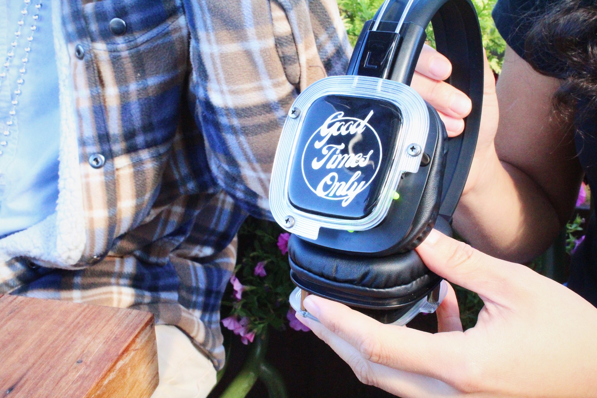 Good Times Only Headphones Krissy Muniz shows off the signature wireless headphones that make each Good Times Only silent disco a personalized experience.