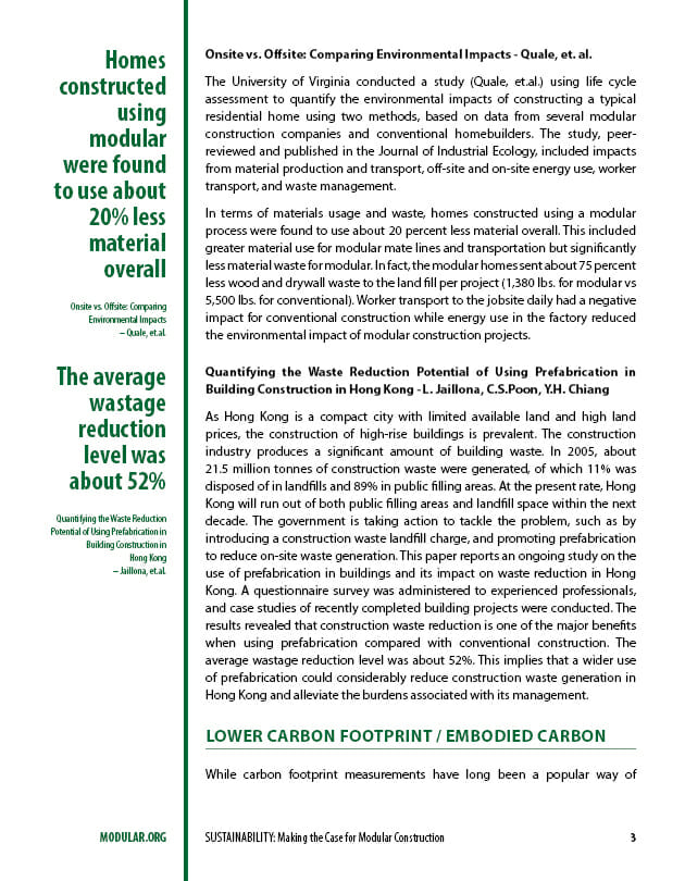 Page 3 du rapport de MBI sur le développement durable dans la construction modulaire