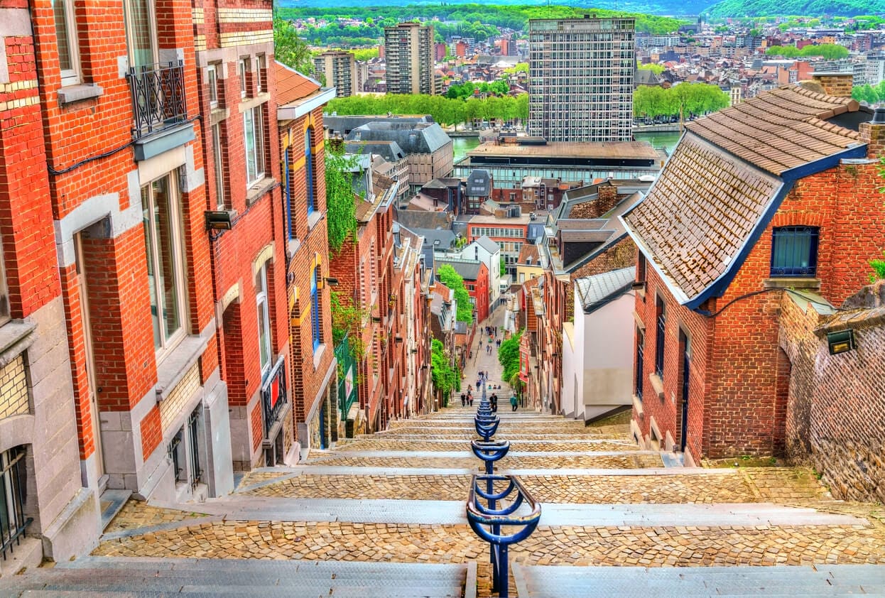 Belgium Modular Building A set of stairs leading through Liege, Belgium passing brick and modern buildings