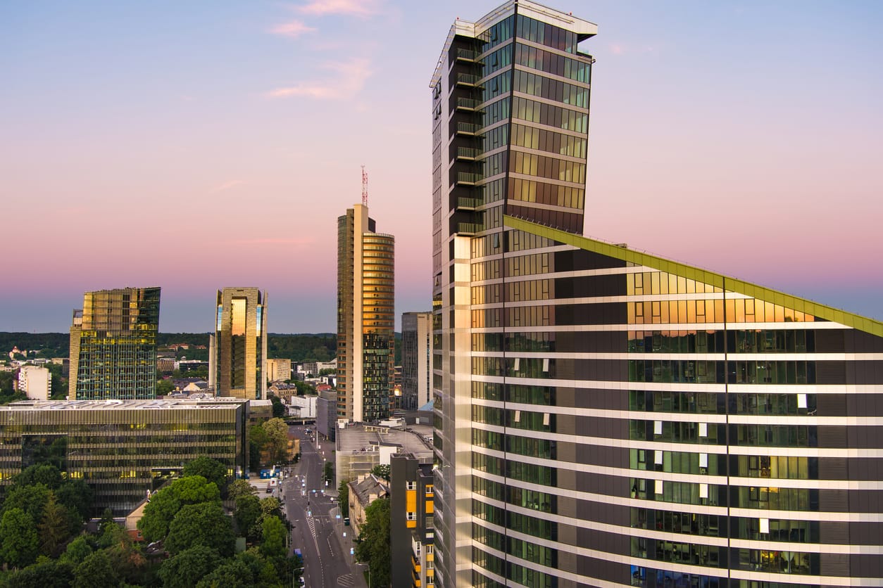 Beautiful aerial view of Vilnius business district on sunny summer evening