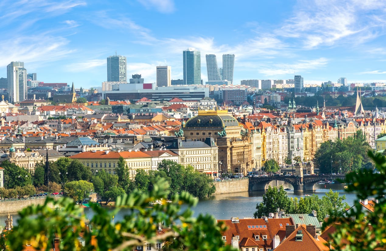 Skyscrapers in Prague The city of Prague, Czech Republic, where traditional buildings are neighbors with modern, modular buildings