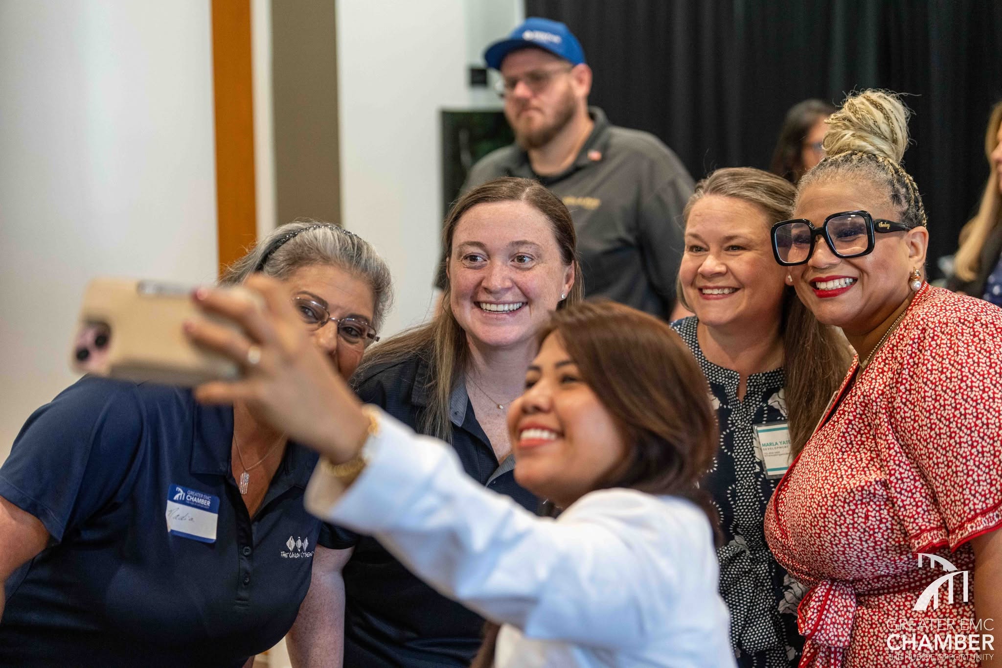 It's common for Chamber Luncheon guests to share event photos on social media. Pictured here: Nadia Grantham, Kelly Sullivan McGriff, Meriam Shaw, Marla Yates and Tiffany Stafford. 
