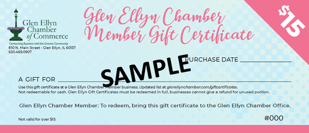 Chamber Gift Certificate $15 Sample