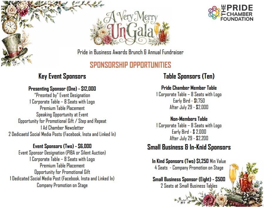 2026 Pride in Business Awards and UnGala Sponsorship Details Highlighting Cost of Sponsorships and Inclusions