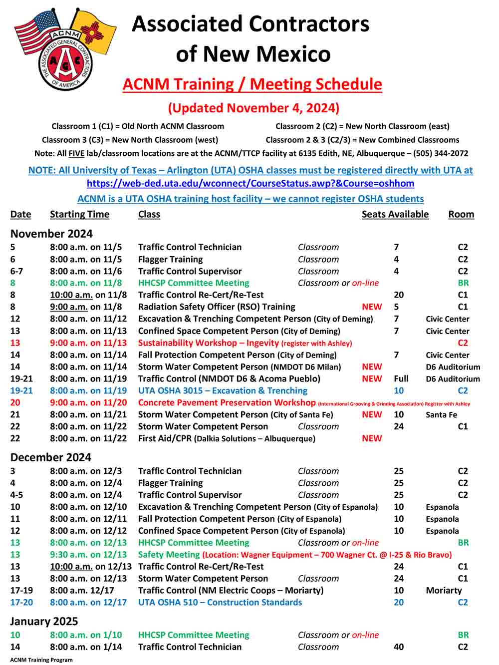 Training schedule November 5, 2024