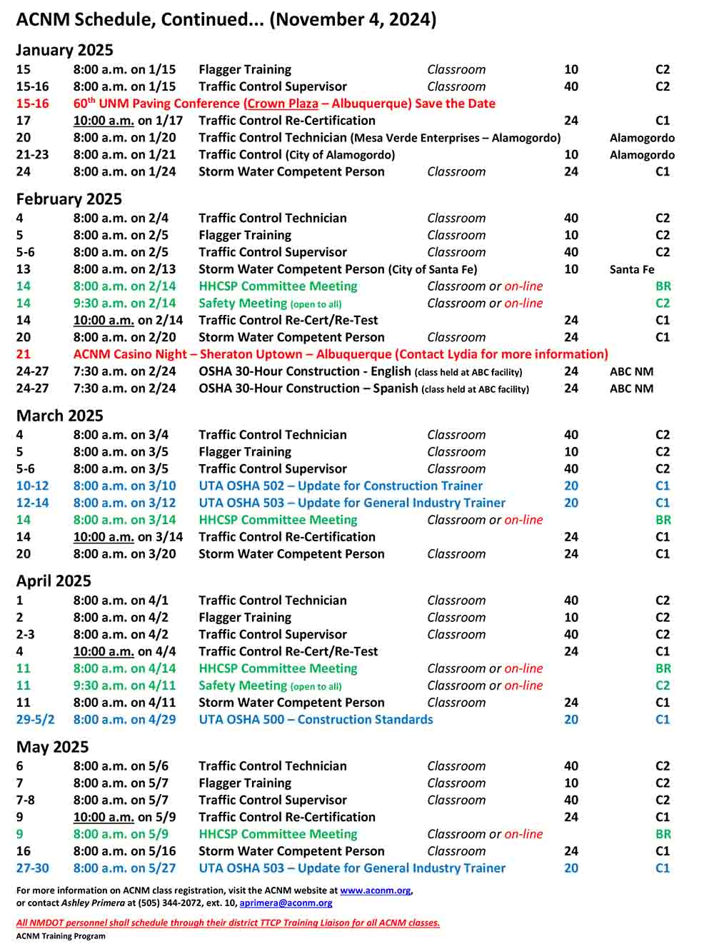 Training schedule November 5, 2024