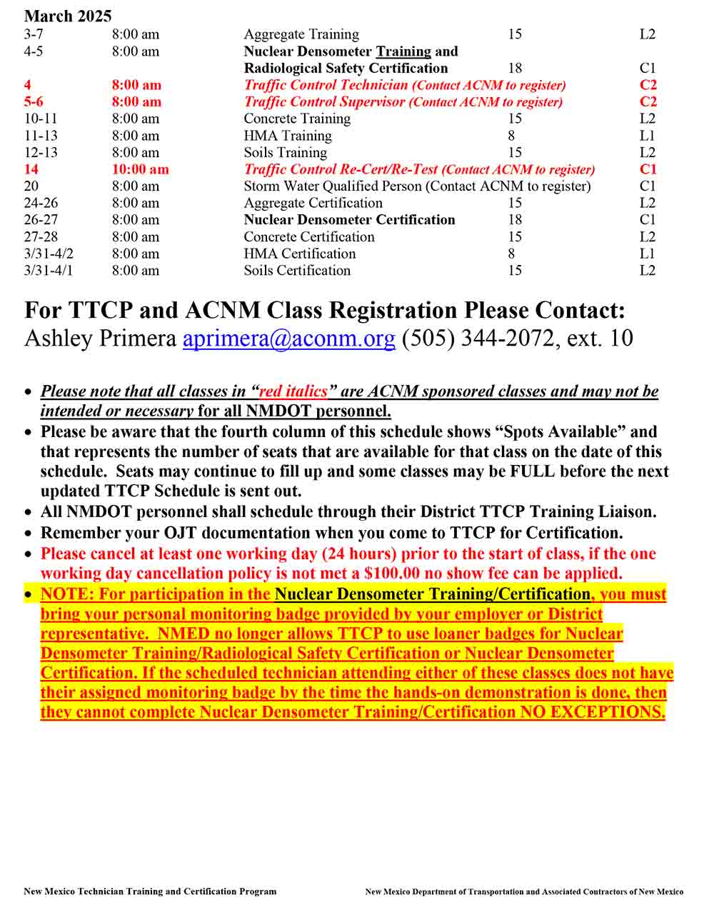 TTCP schedule