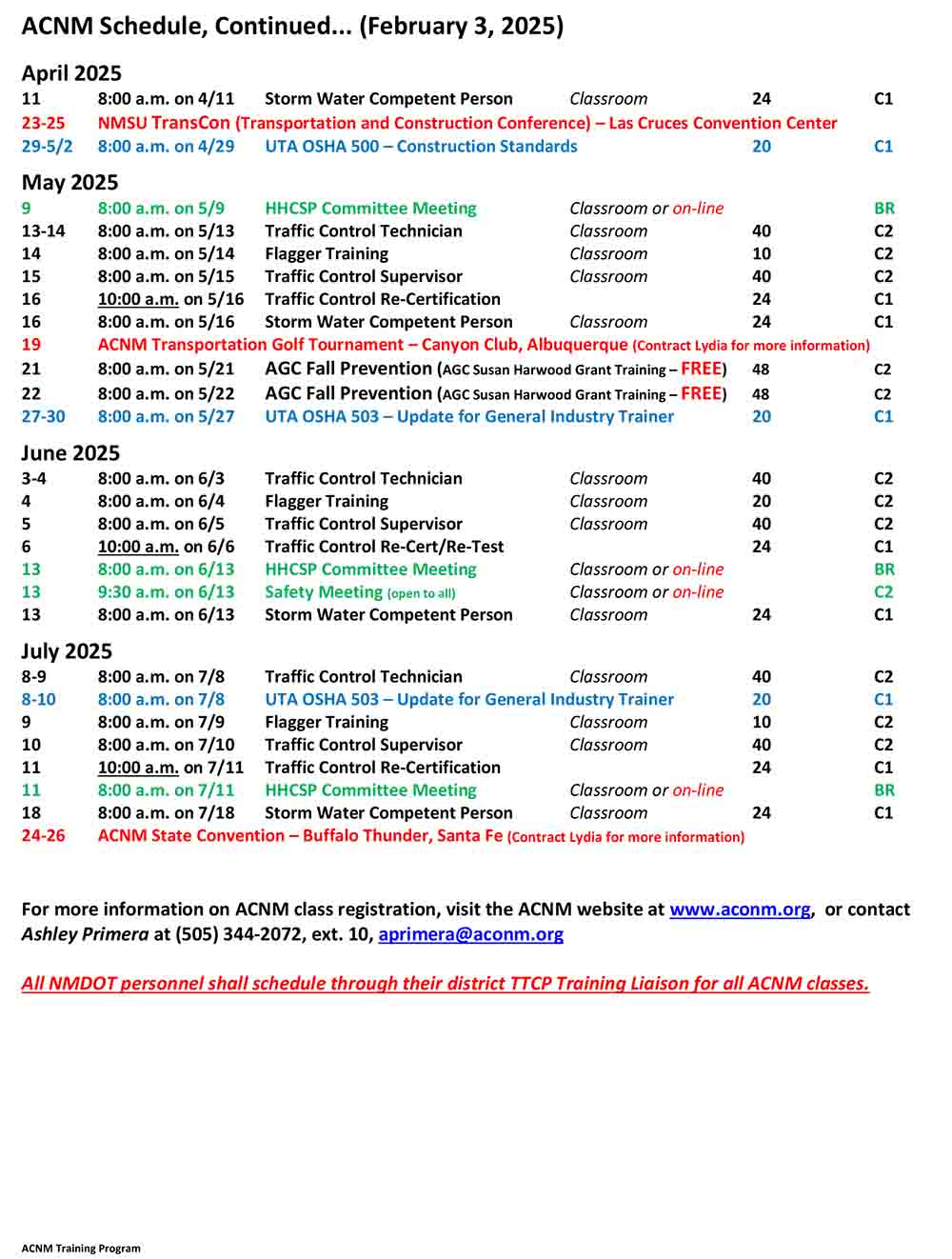 ACNM Training schedule