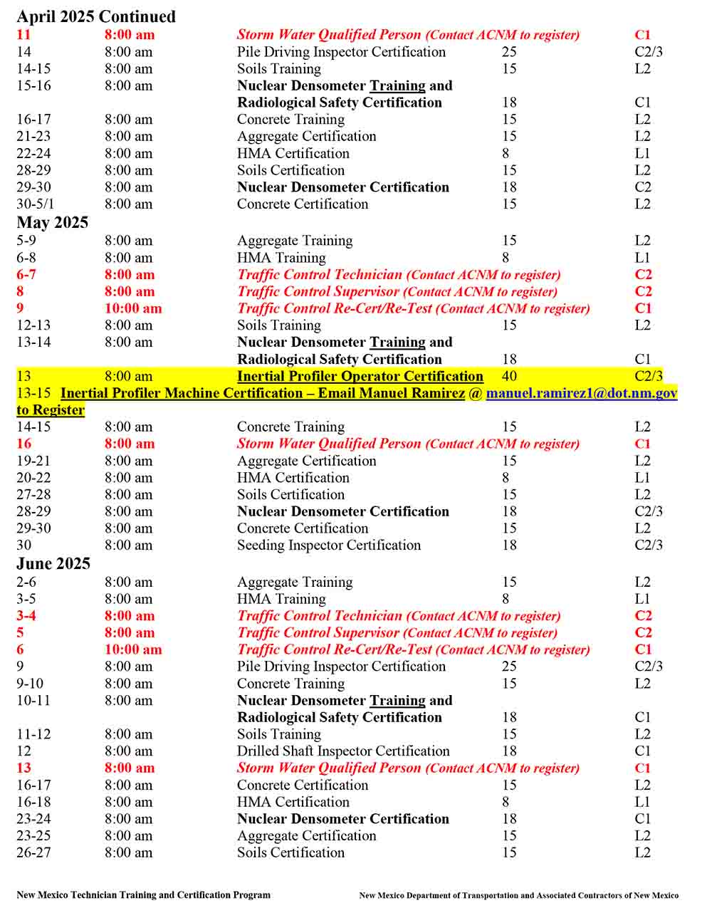 TTCP schedule