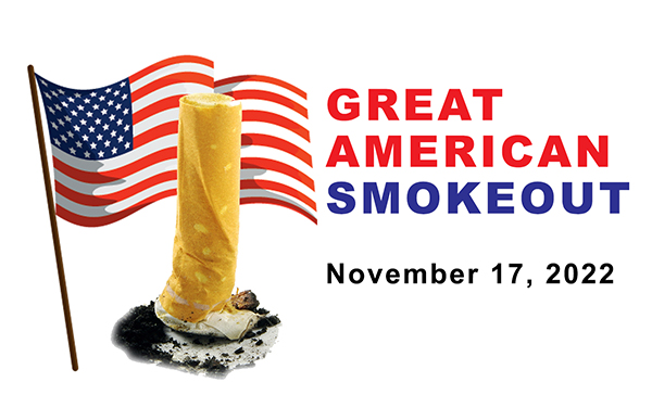Great American Smokeout extinguished cigarette in front of American flag