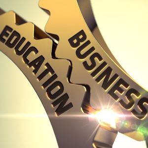 Business Education on the Mechanism of Golden Gears. Business Education - Illustration with Glow Effect and Lens Flare. Business Education - Concept. Business Education - Industrial Design. 3D.