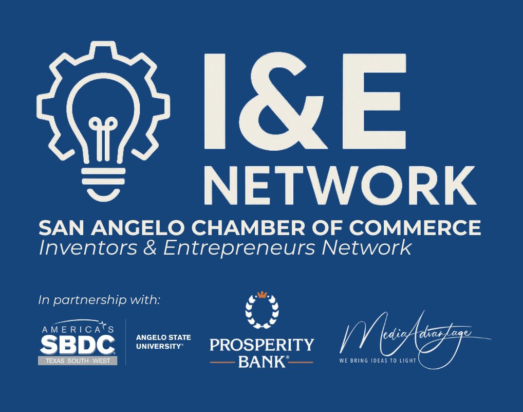 I&E Network logo for the San Angelo Chamber of Commerce Inventors and Entrepreneurs Network, in partnership with ASU Small Business Development Center, Angelo State University, Prosperity Bank, and Media Advantage.