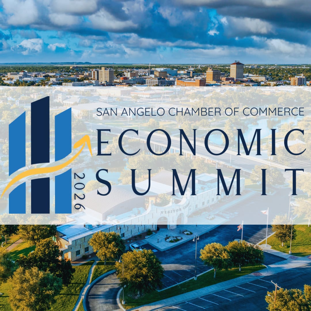 San Angelo Chamber of Commerce Economic Summit 2026 graphic over an aerial view of downtown San Angelo, Texas.